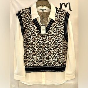Adrienne Vittadini Leopard Print Sweater Vest with Black Trim